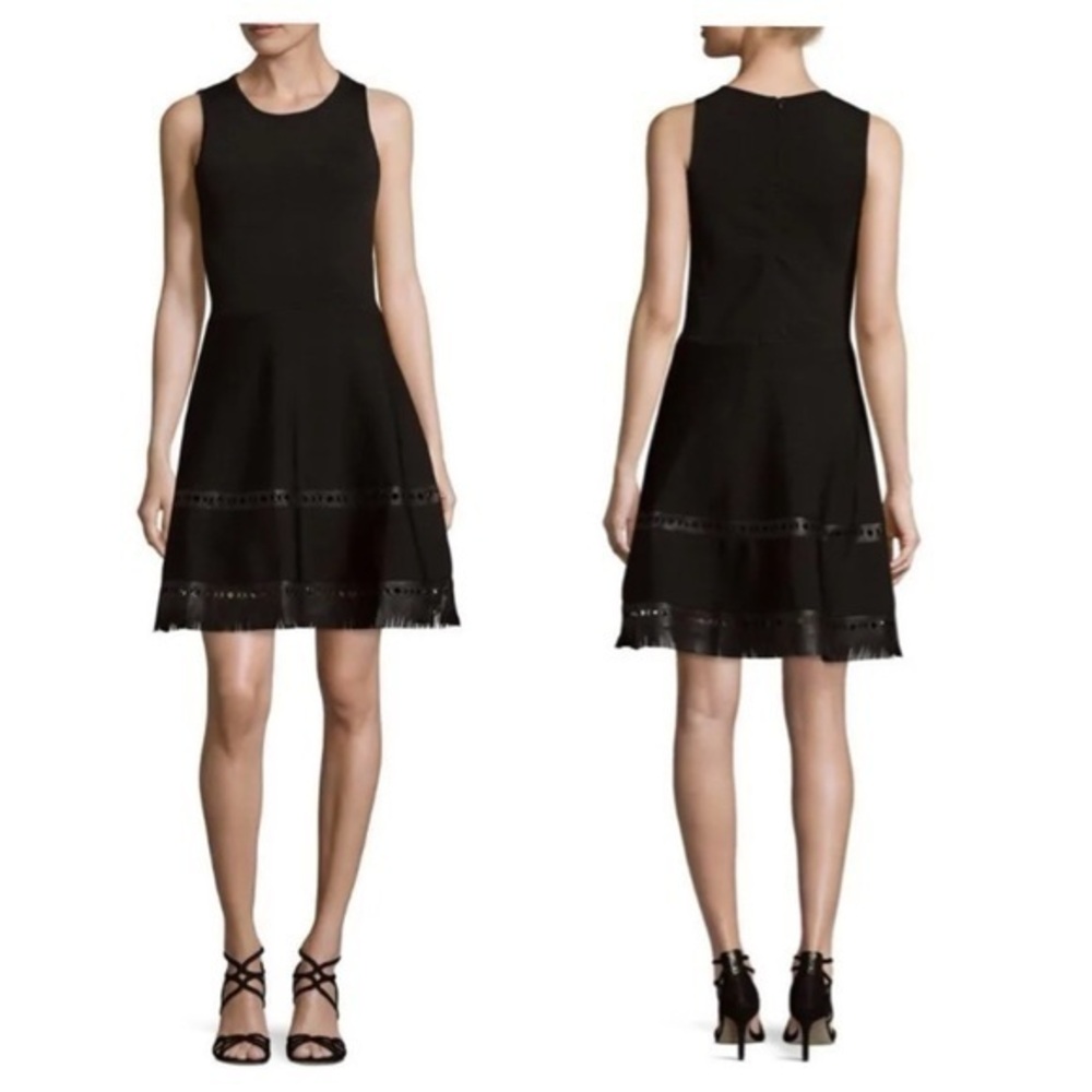 Parker Black Faux Leather Fringe Sleeveless Fit Flare Dress Small S AC25